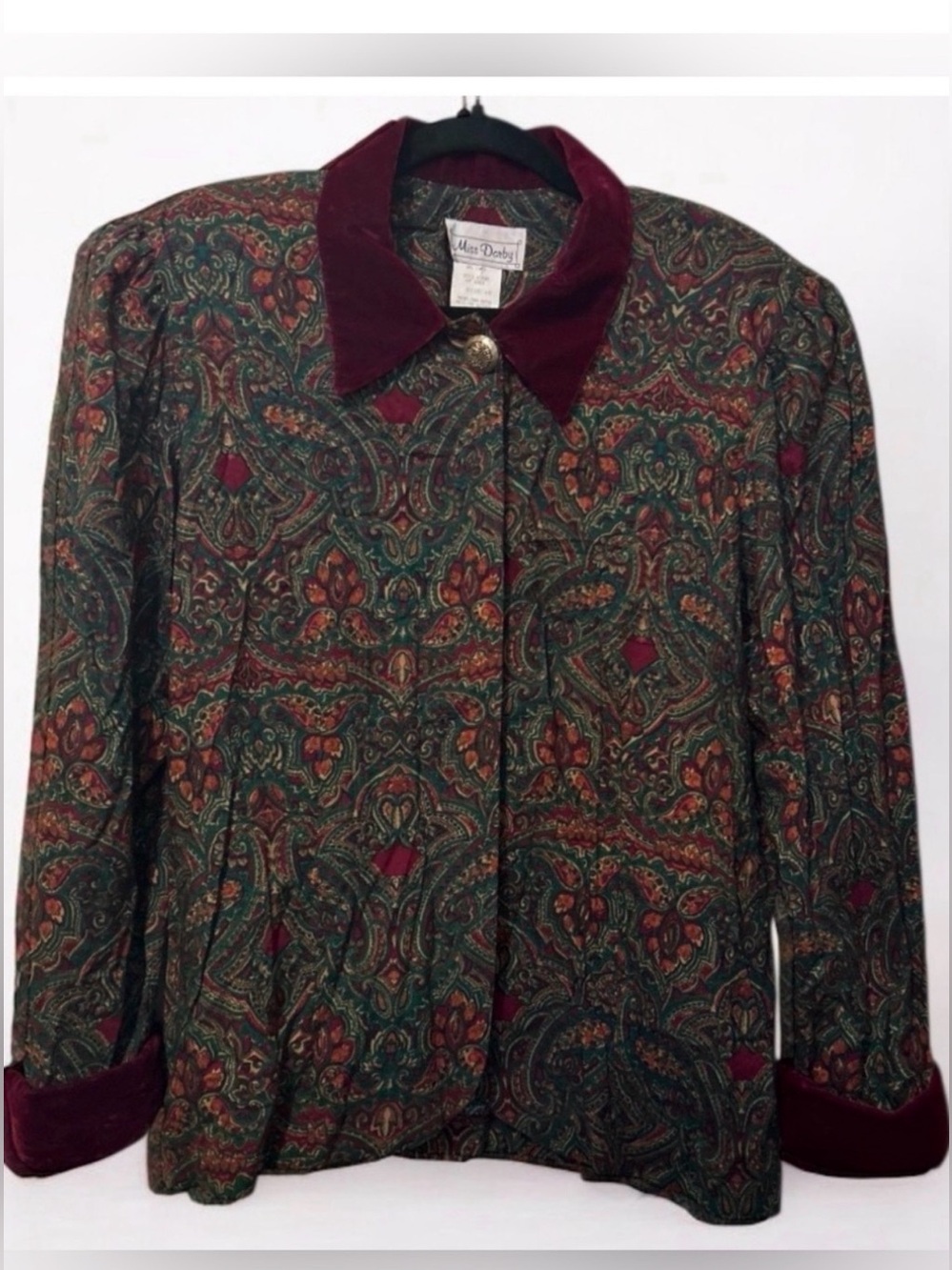 Vintage Miss Dorby Paisley Blouse Velvet Collar Shoulder Pads Plus 16